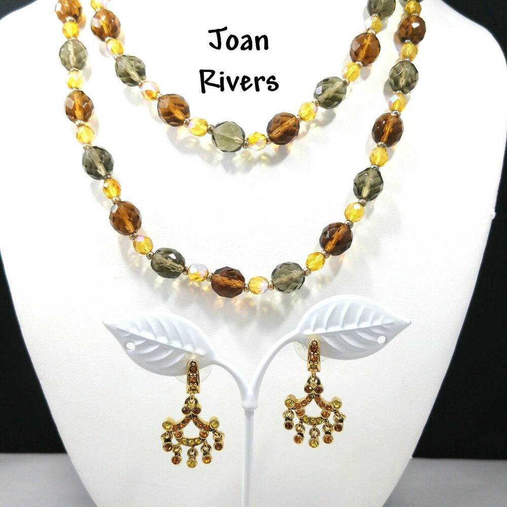Joan Rivers Yellow Topaz Green Glass Bead Necklace & Post Drop Earrings, 1990s
